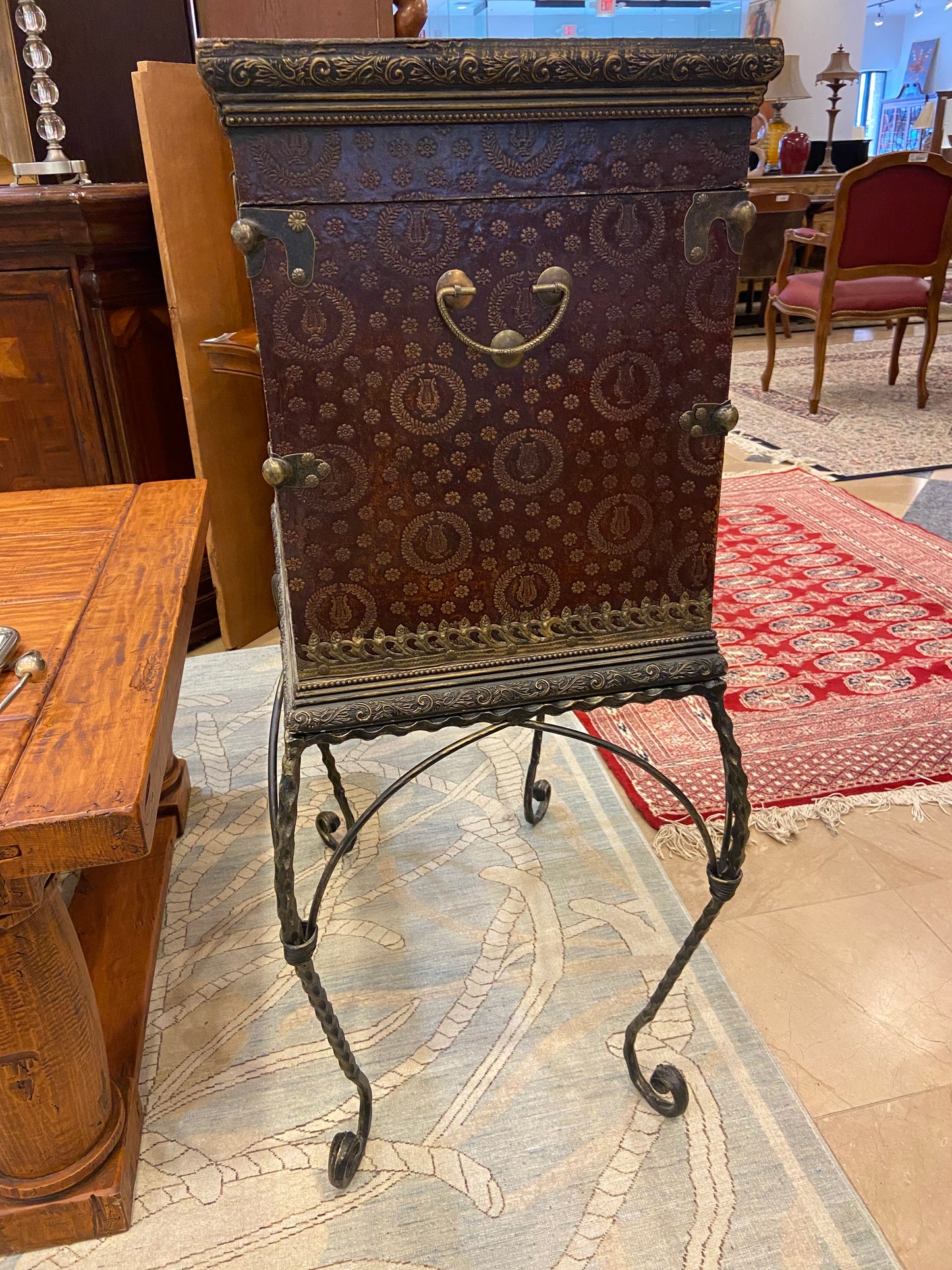 Embossed Leather Trunk on a Metal Stand (27453)