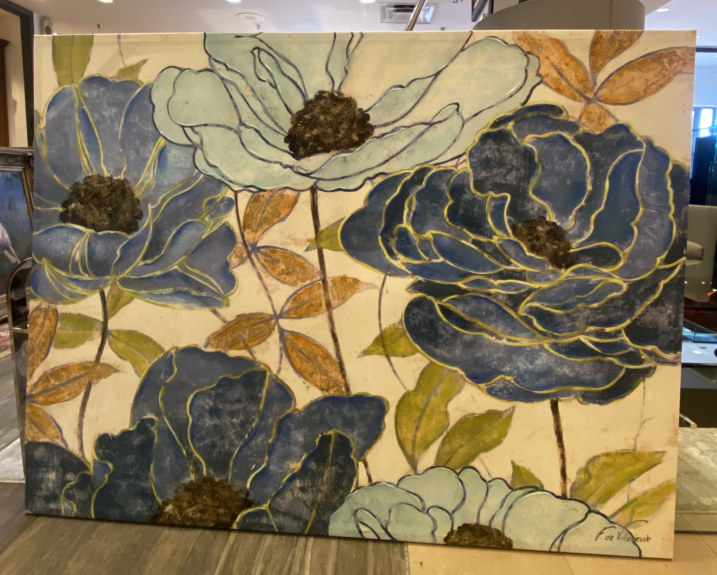 F. Du Villeneuve Large Floral Painting on Canvas (3JN1T7)