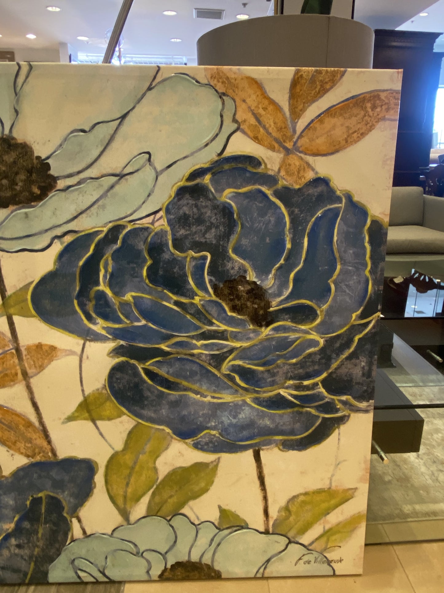 F. Du Villeneuve Large Floral Painting on Canvas (3JN1T7)