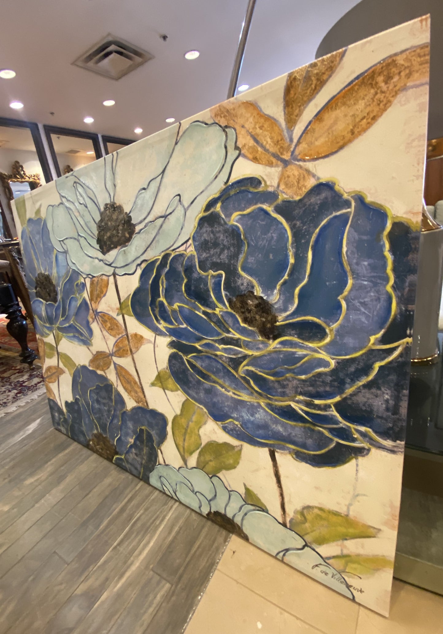 F. Du Villeneuve Large Floral Painting on Canvas (3JN1T7)