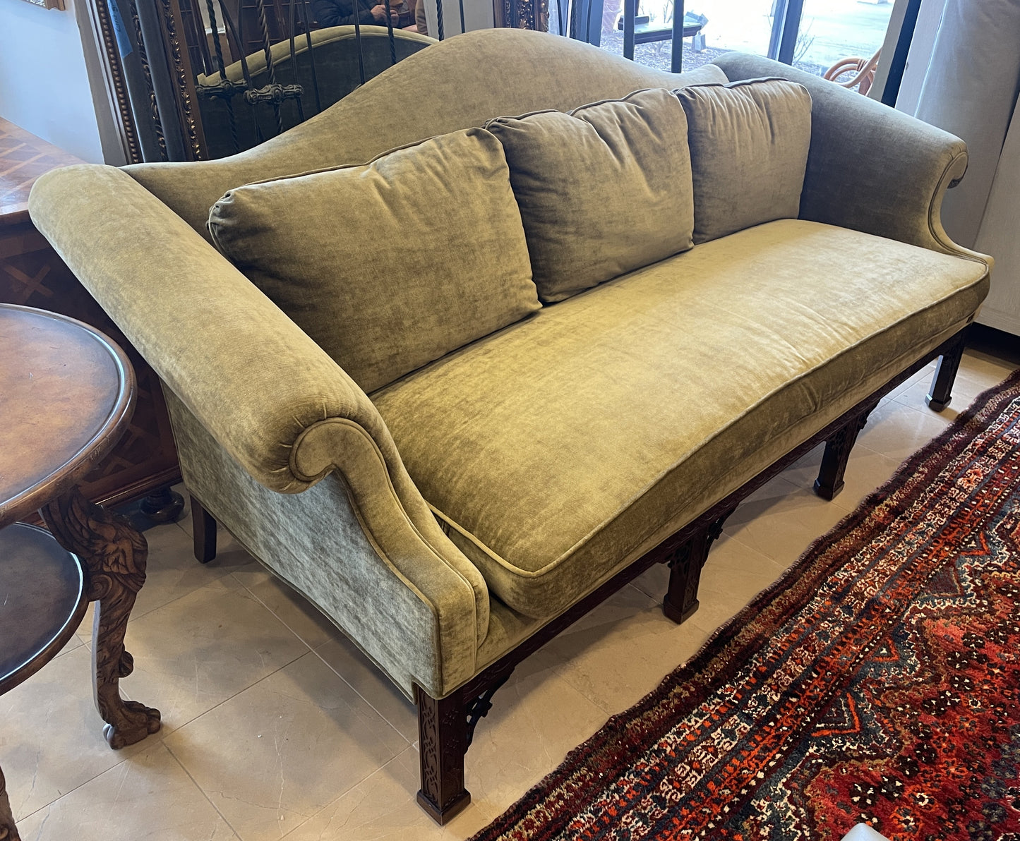 Drexel Green Velvet Chippendale Camelback Sofa, Reupholstered (0KR002)