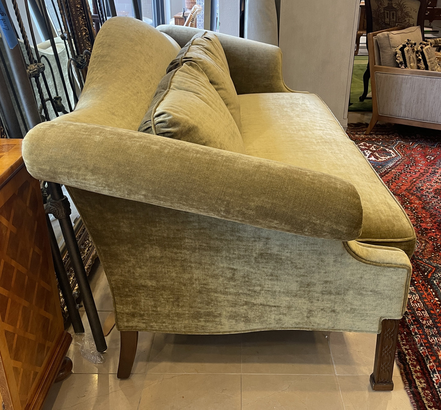 Drexel Green Velvet Chippendale Camelback Sofa, Reupholstered (0KR002)