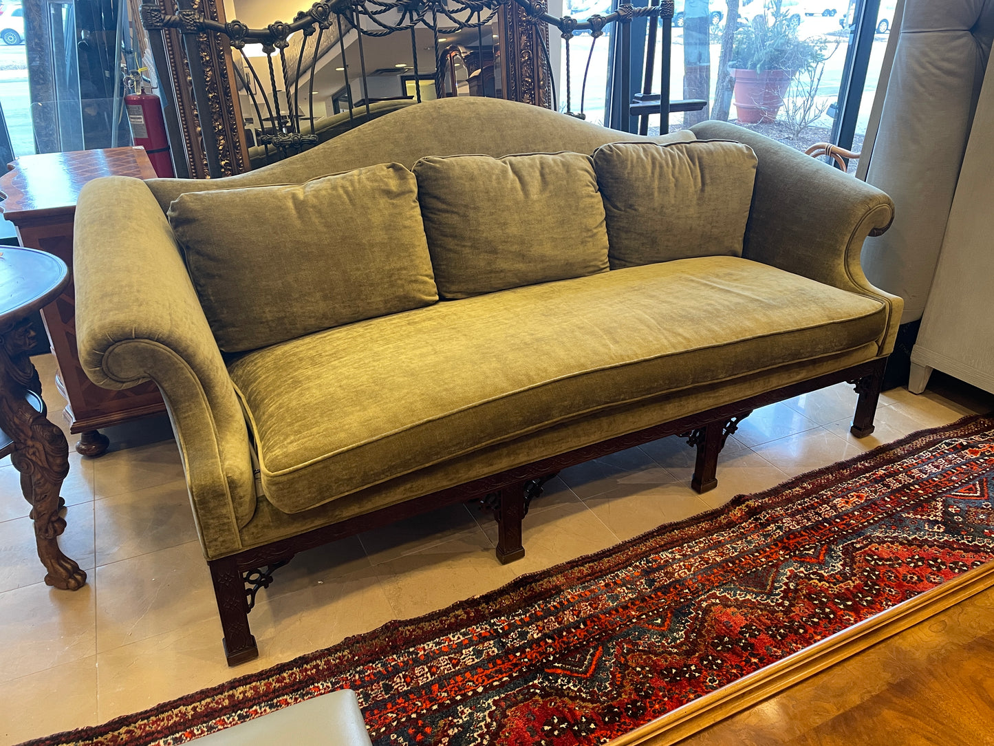 Drexel Green Velvet Chippendale Camelback Sofa, Reupholstered (0KR002)