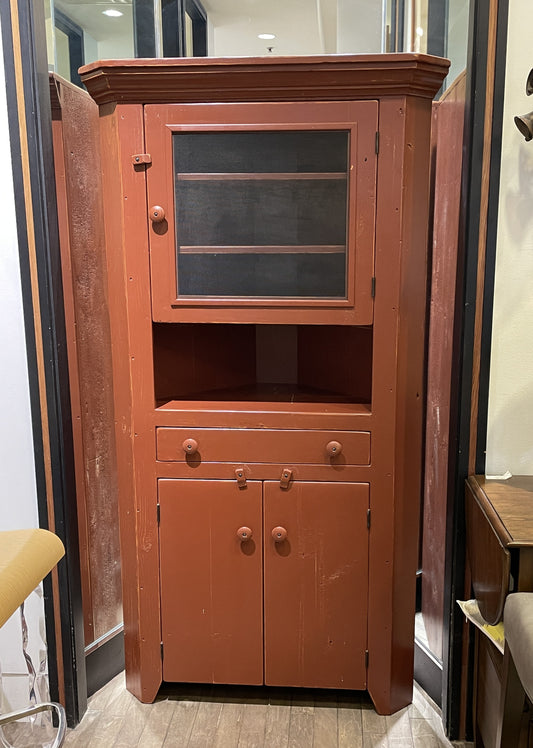 Red Painted Reproduction Primitive Corner Cabinet (0C4009)