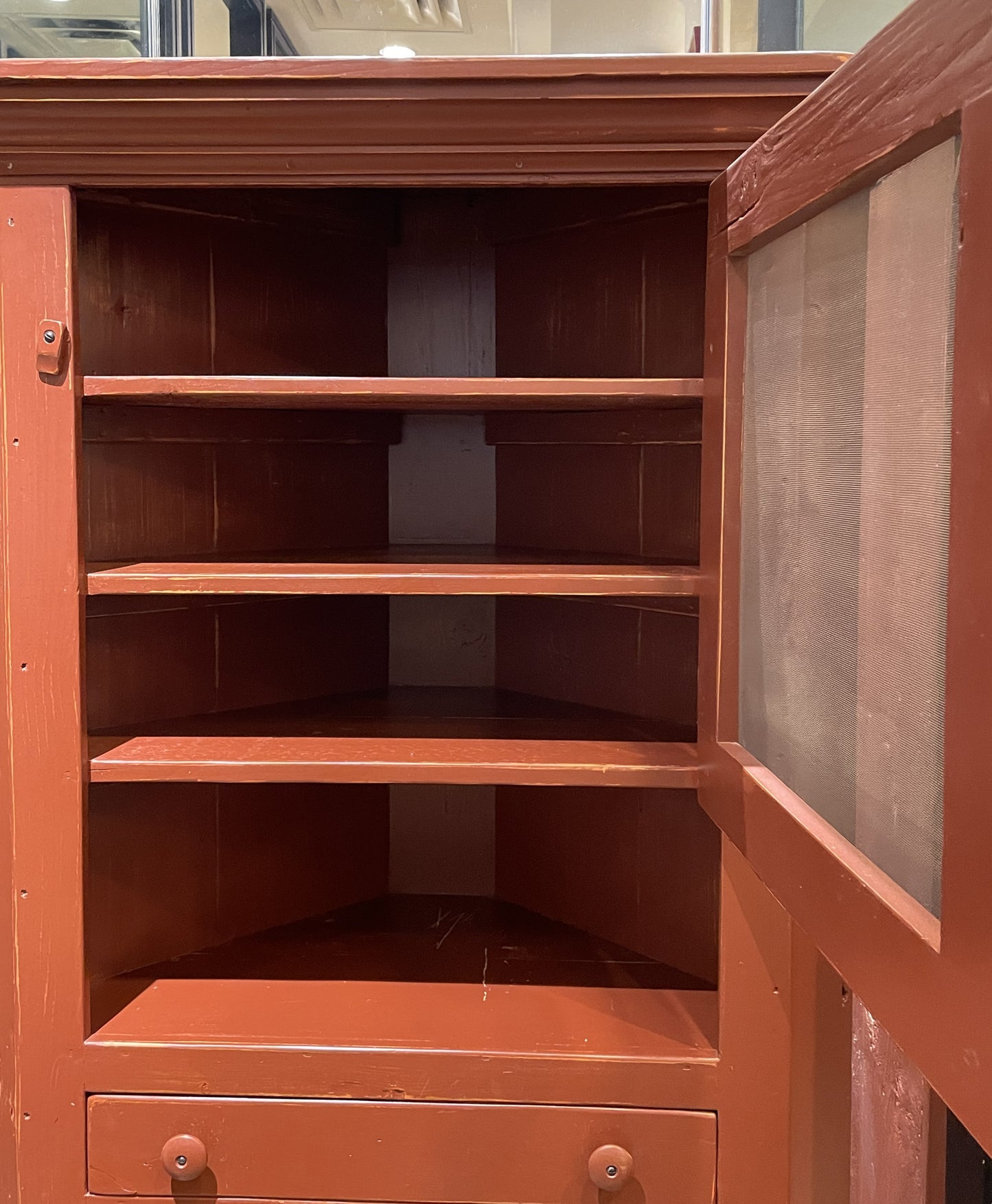 Red Painted Reproduction Primitive Corner Cabinet (0C4009)