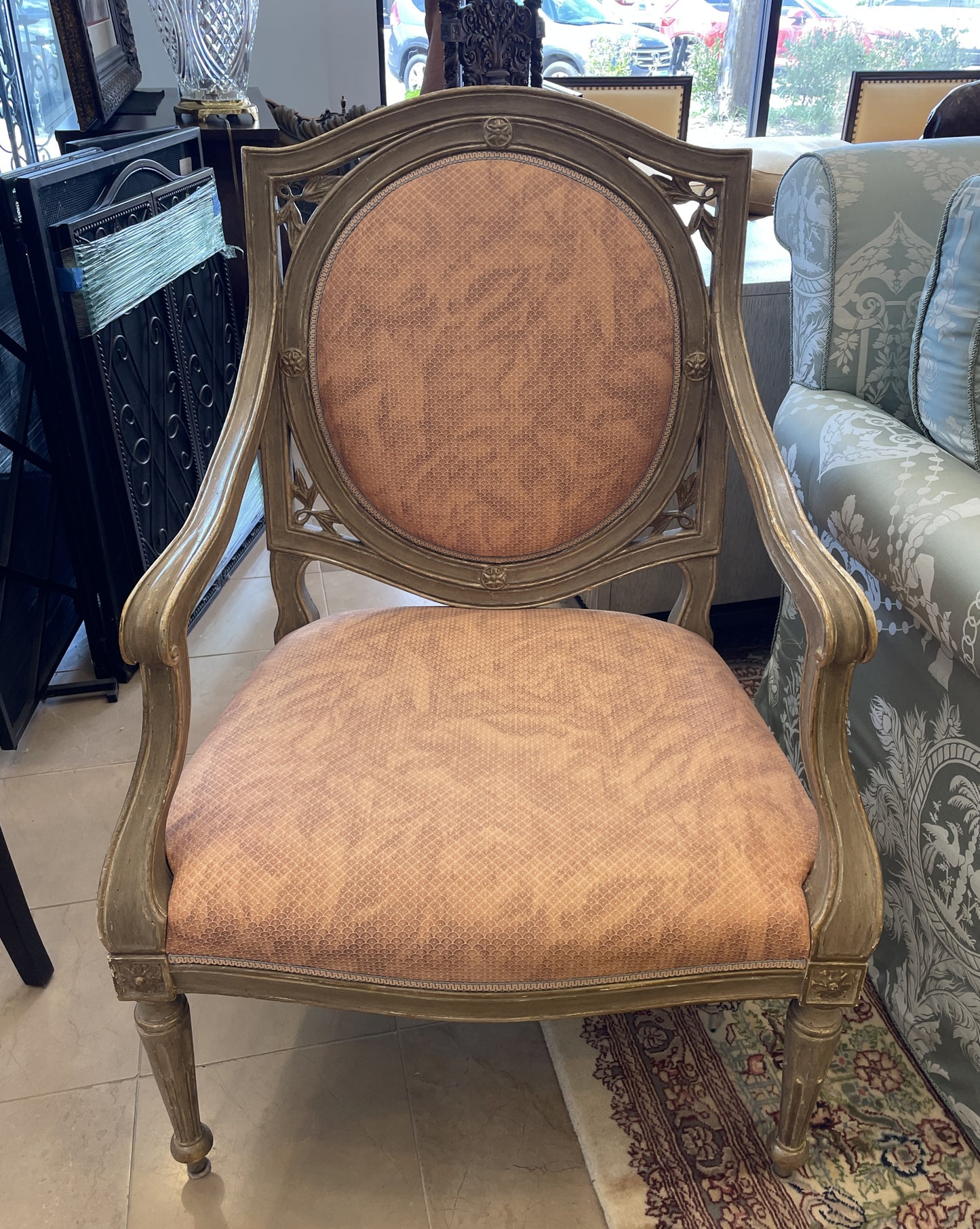 Dennis and Leen French Arm Chair with Salmon Upholstery (Two available 00Y009 00Y00A)