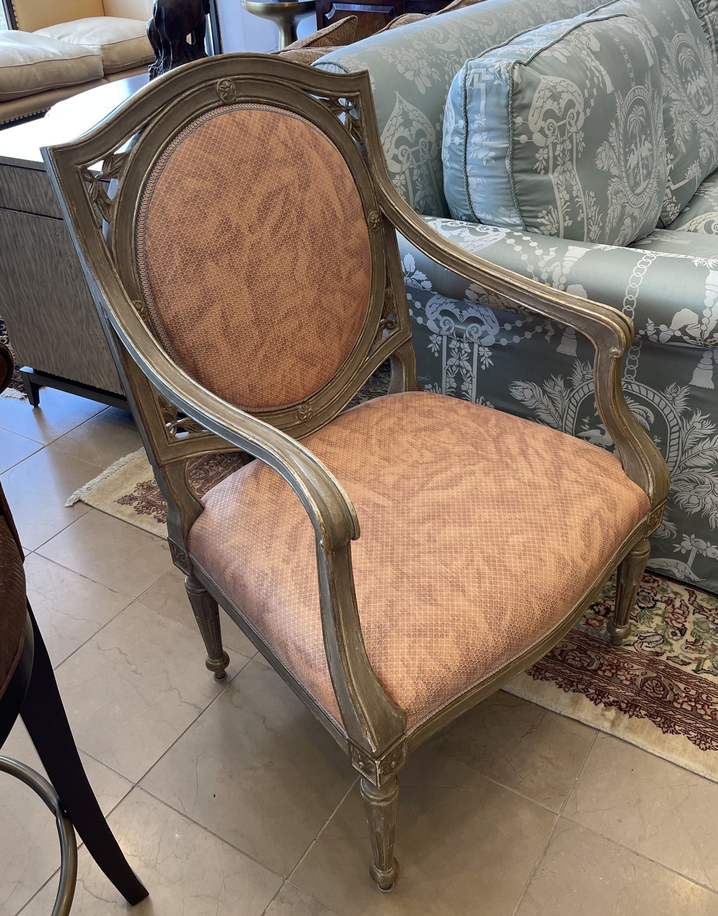 Dennis and Leen French Arm Chair with Salmon Upholstery (Two available 00Y009 00Y00A)