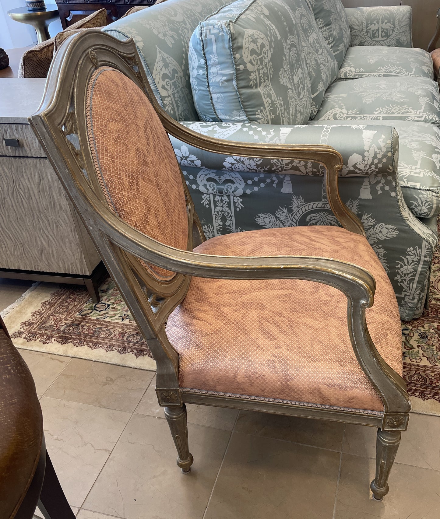Dennis and Leen French Arm Chair with Salmon Upholstery (Two available 00Y009 00Y00A)
