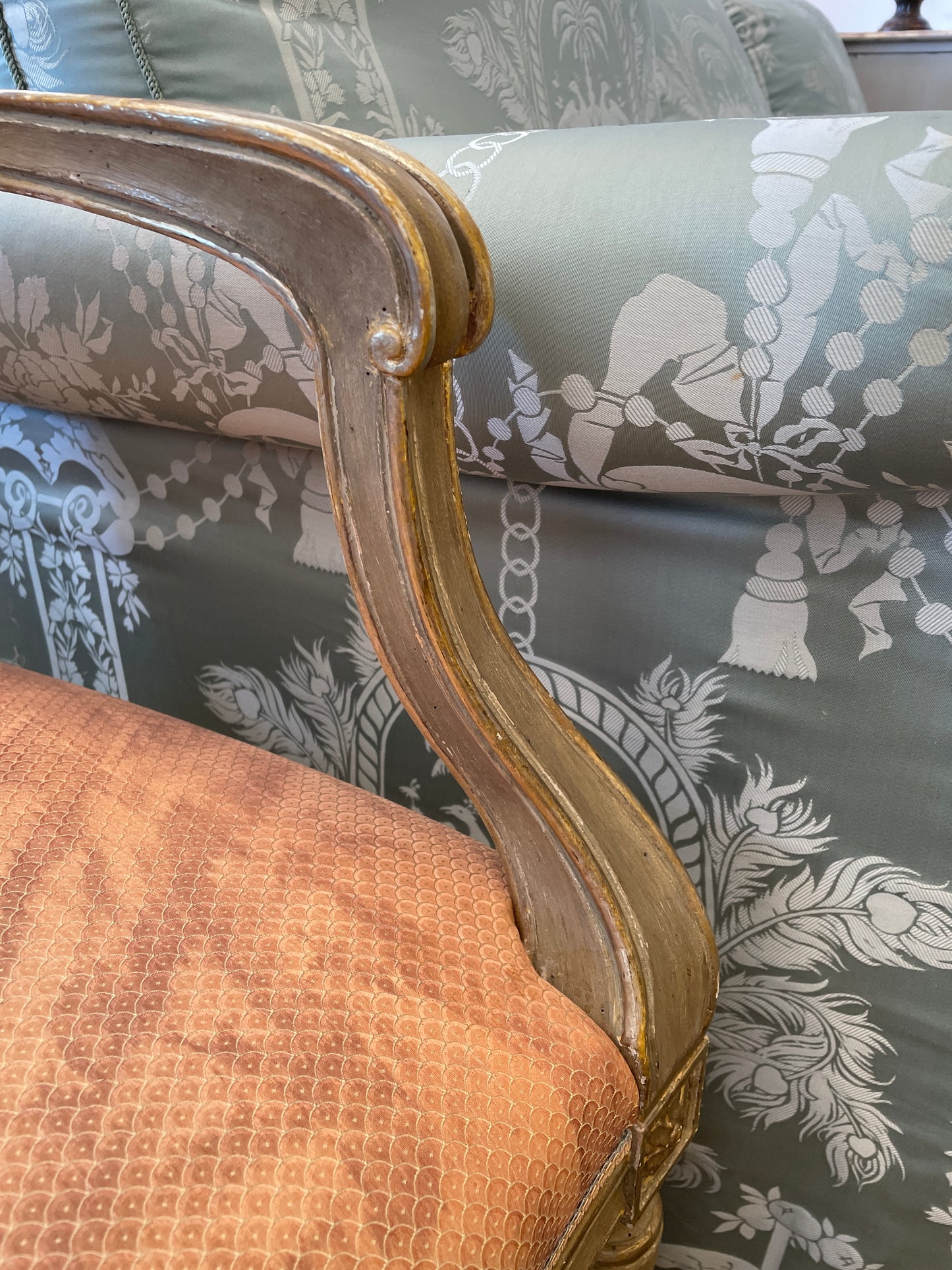 Dennis and Leen French Arm Chair with Salmon Upholstery (Two available 00Y009 00Y00A)