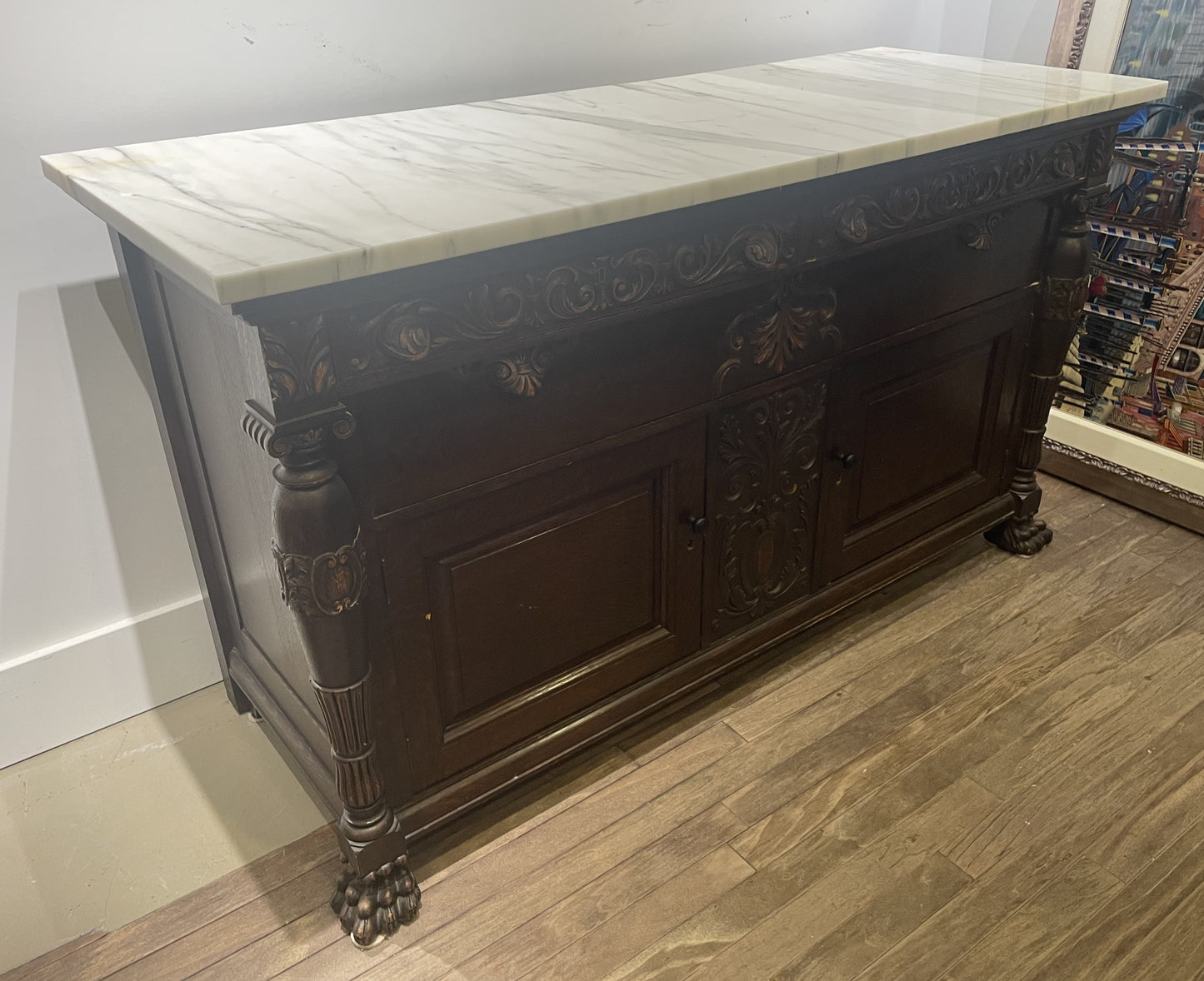 Antique Renaissance Revival Carved Buffet with Marble Top (00Y00J)