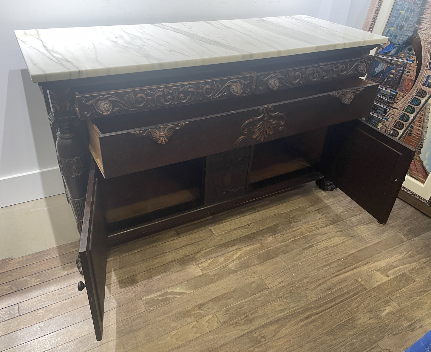 Antique Renaissance Revival Carved Buffet with Marble Top (00Y00J)