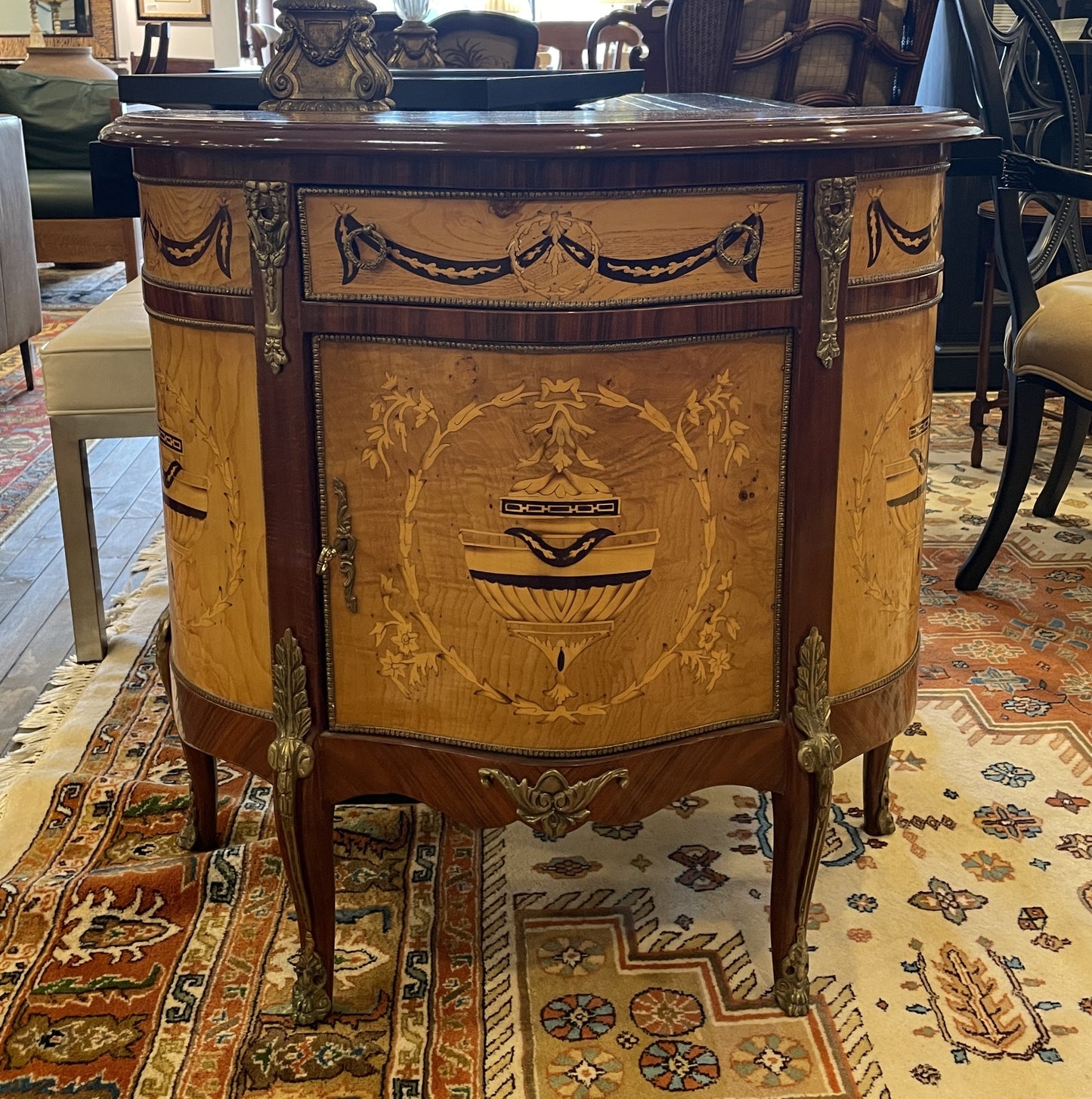 Italian Marquetry Demilune with applied bronze ormolu (0BN005)