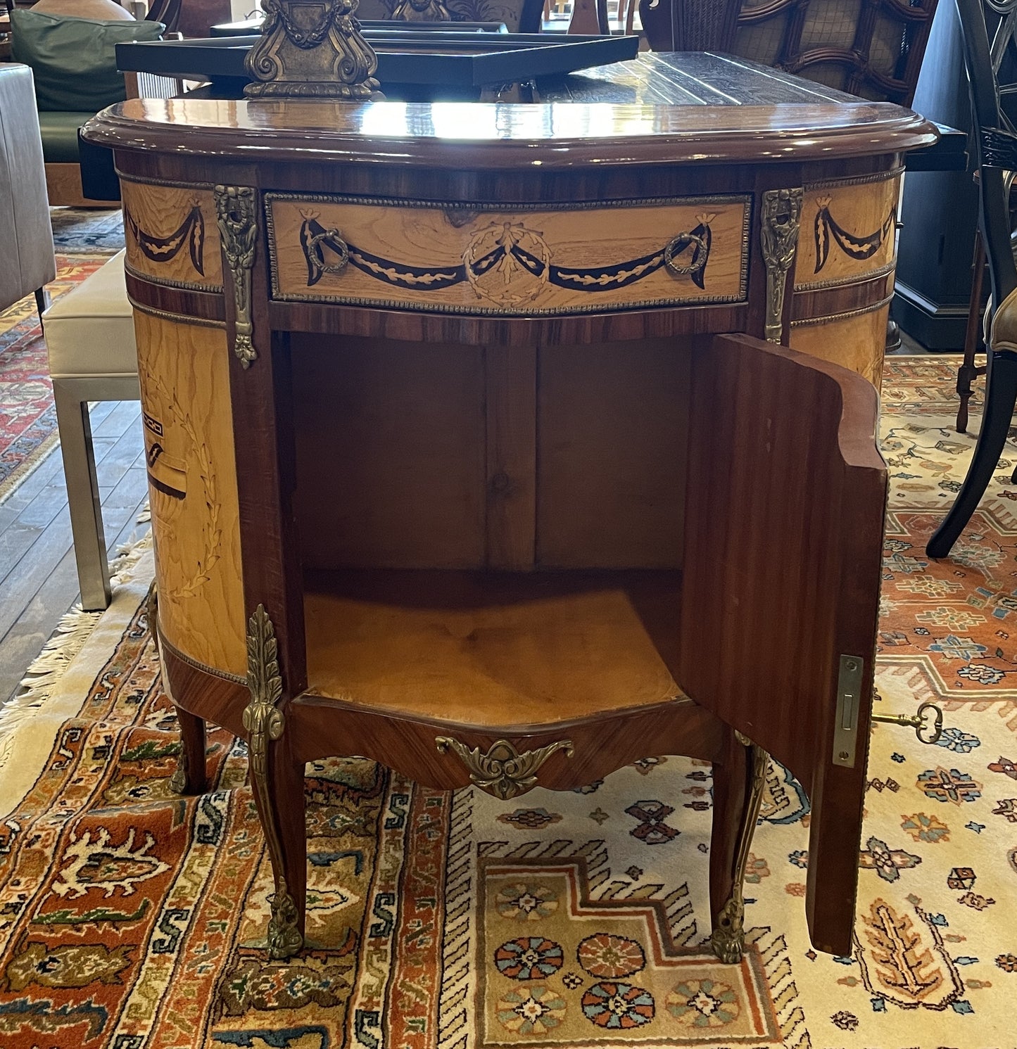 Italian Marquetry Demilune with applied bronze ormolu (0BN005)