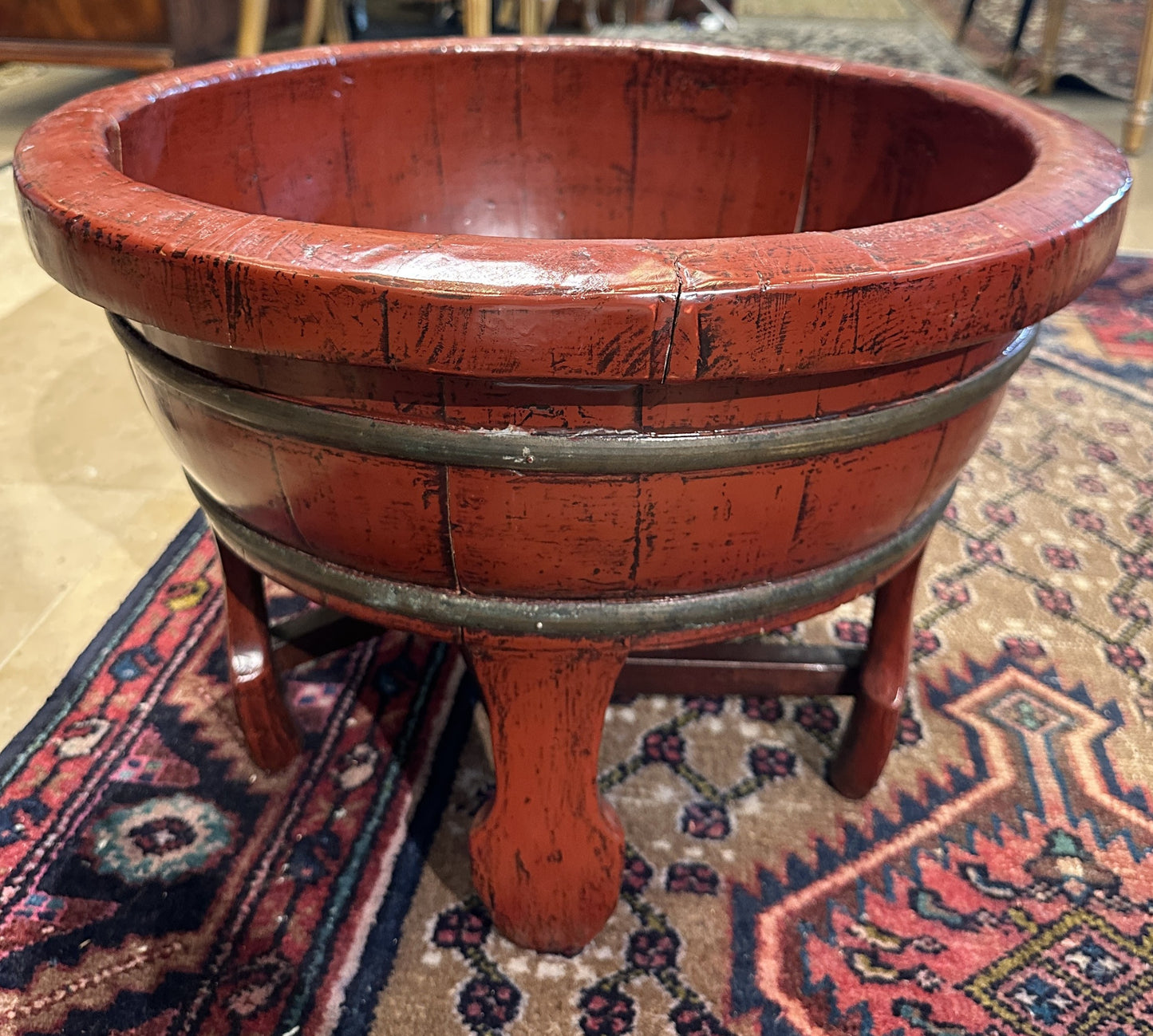 Antique Red Lacquer Chinese Wash Basin on Stand (0NG006)
