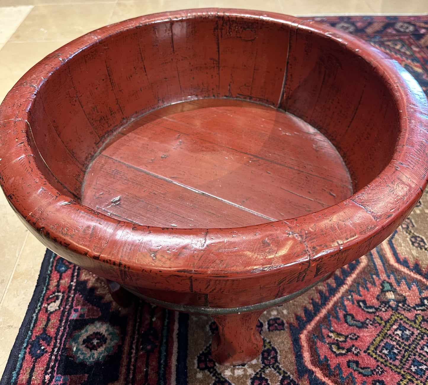 Antique Red Lacquer Chinese Wash Basin on Stand (0NG006)