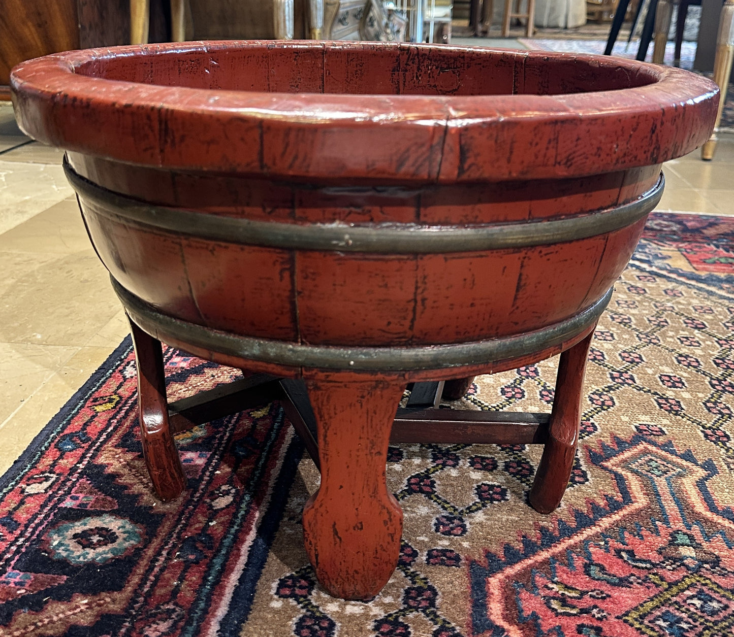 Antique Red Lacquer Chinese Wash Basin on Stand (0NG006)