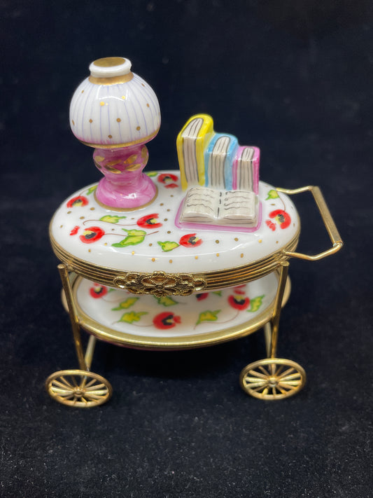 Limoges Reading Cart with Lamp and Books Trinket Box (03002C)