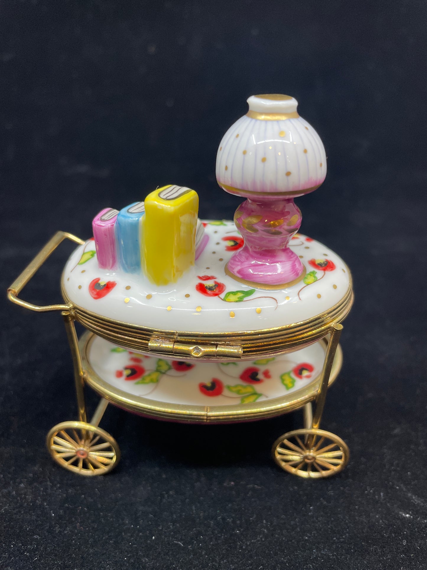 Limoges Reading Cart with Lamp and Books Trinket Box (03002C)