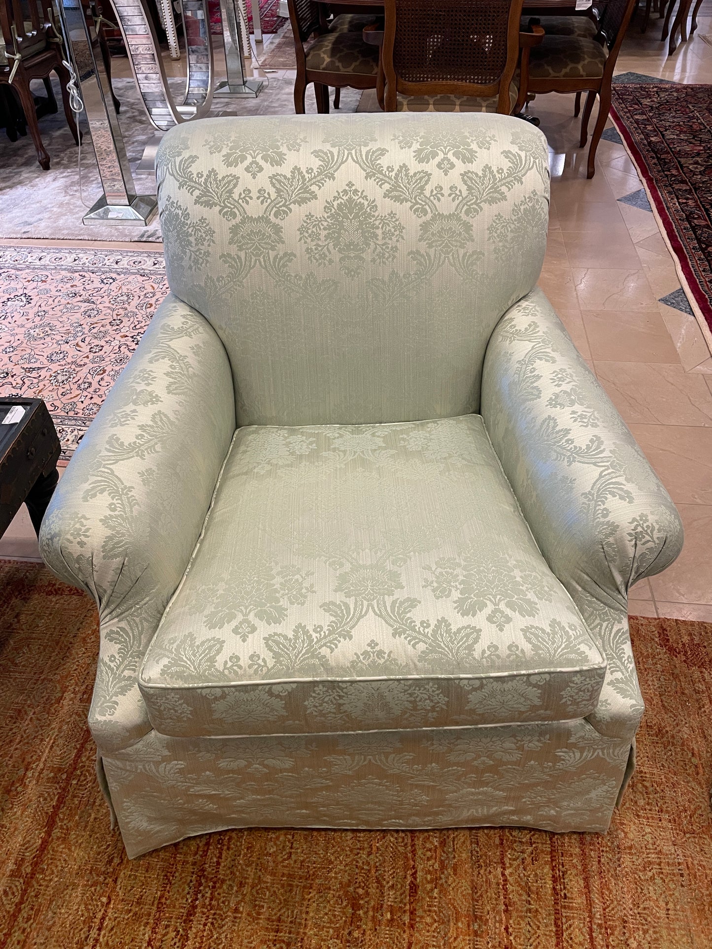 Green Damask Arm Chair, custom (Two available 0OT00E 0OT00F)