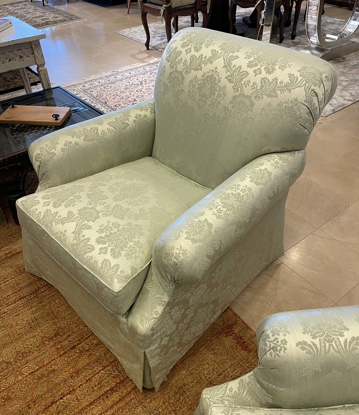 Green Damask Arm Chair, custom (Two available 0OT00E 0OT00F)