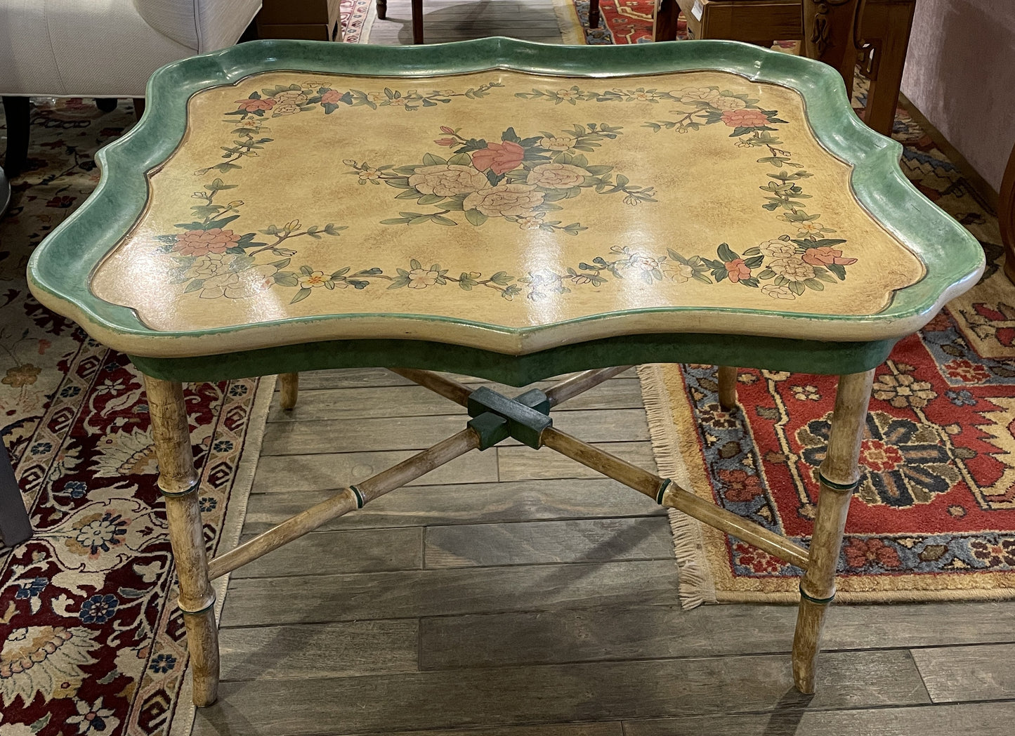 French Faux Painted Tray on Stand Table with Floral Design (0L700H)