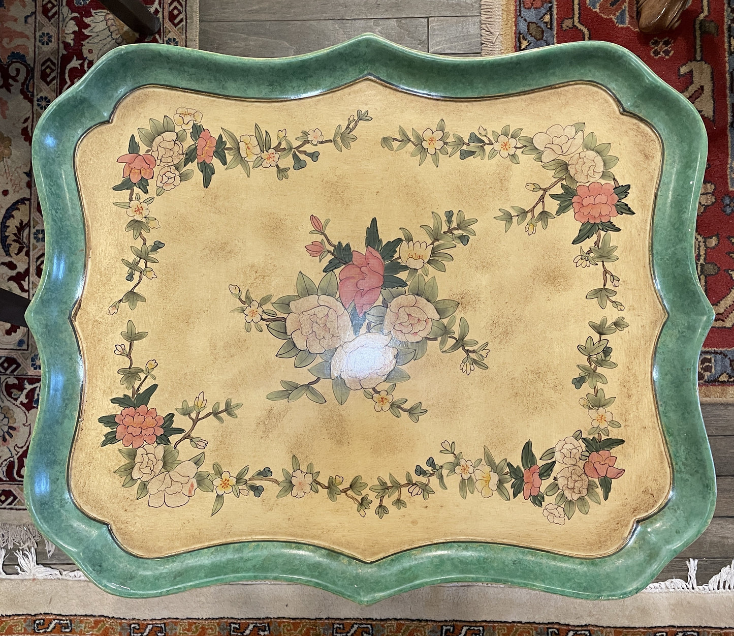 French Faux Painted Tray on Stand Table with Floral Design (0L700H)