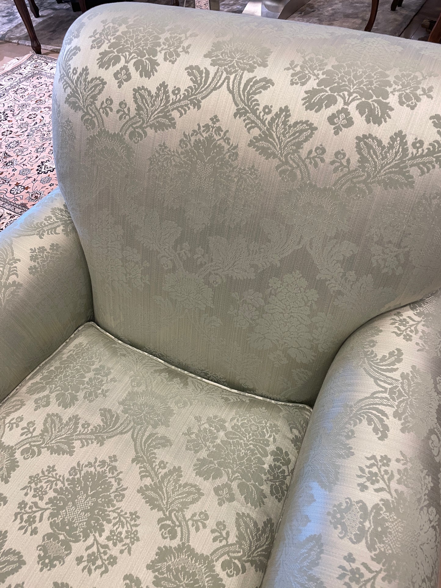 Green Damask Arm Chair, custom (Two available 0OT00E 0OT00F)