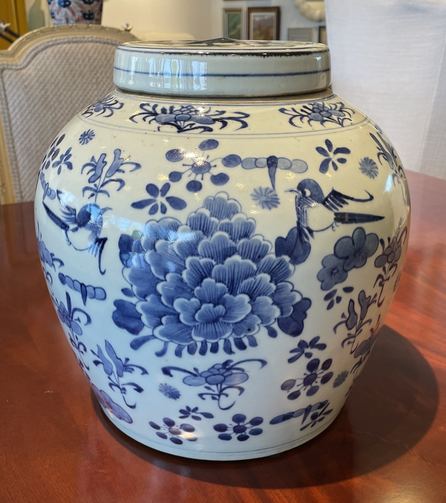 Blue and White Ginger Jar with Swallow and Floral tapestry, a pair (0OT00J)