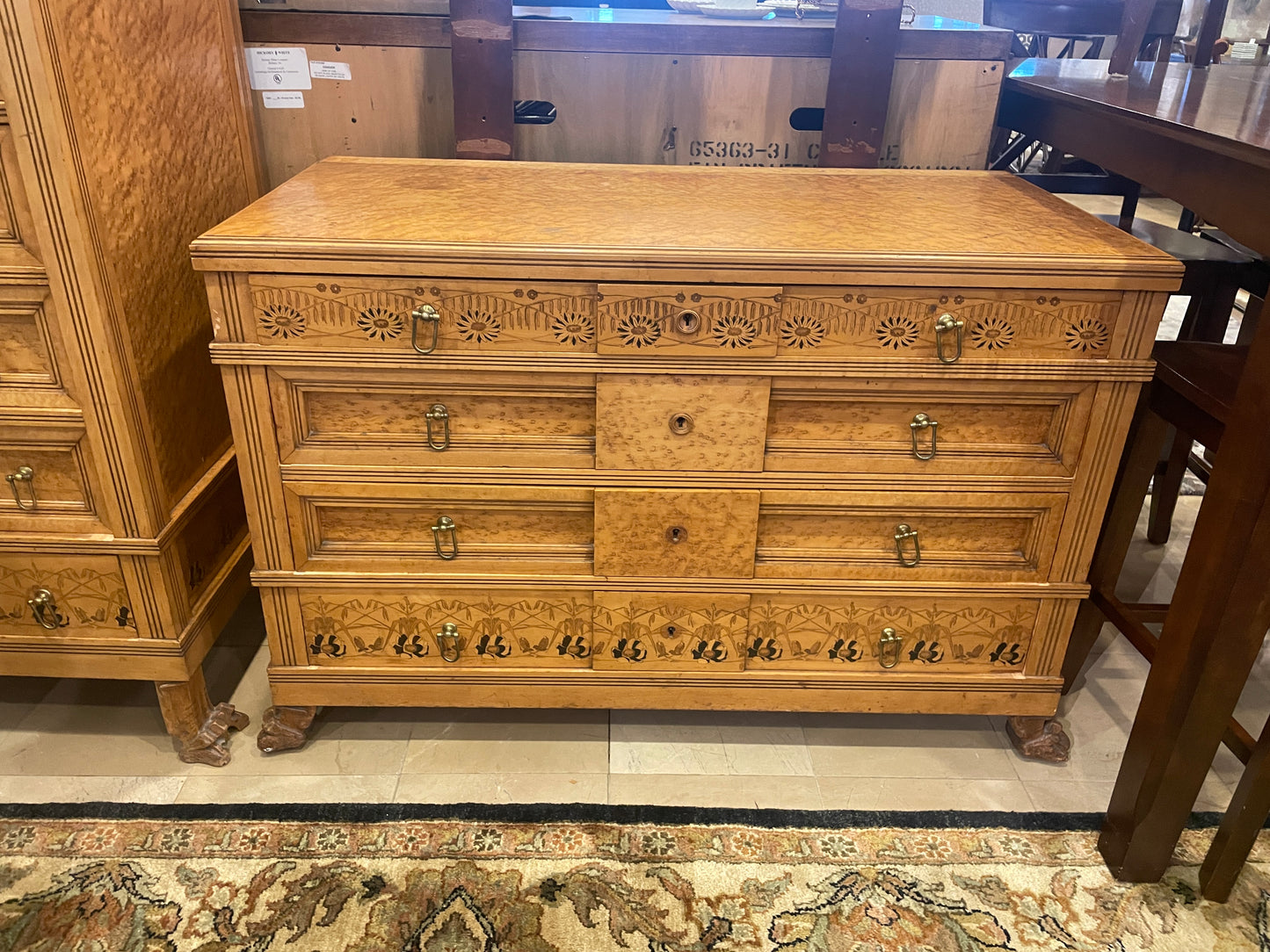 Continental 19th Century Birdseye maple with marquetry Dresser and Mirror, AS IS (0H8002)
