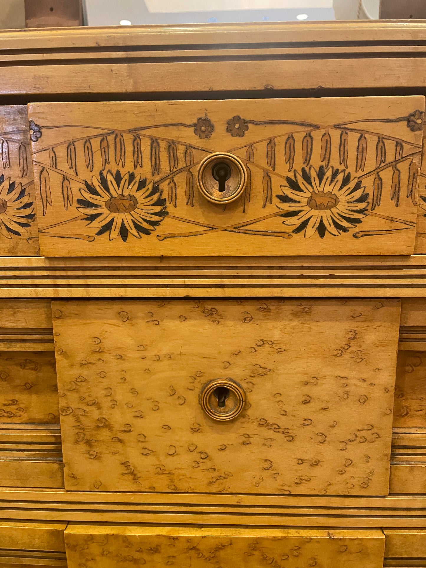 Continental 19th Century Birdseye maple with marquetry Dresser and Mirror, AS IS (0H8002)