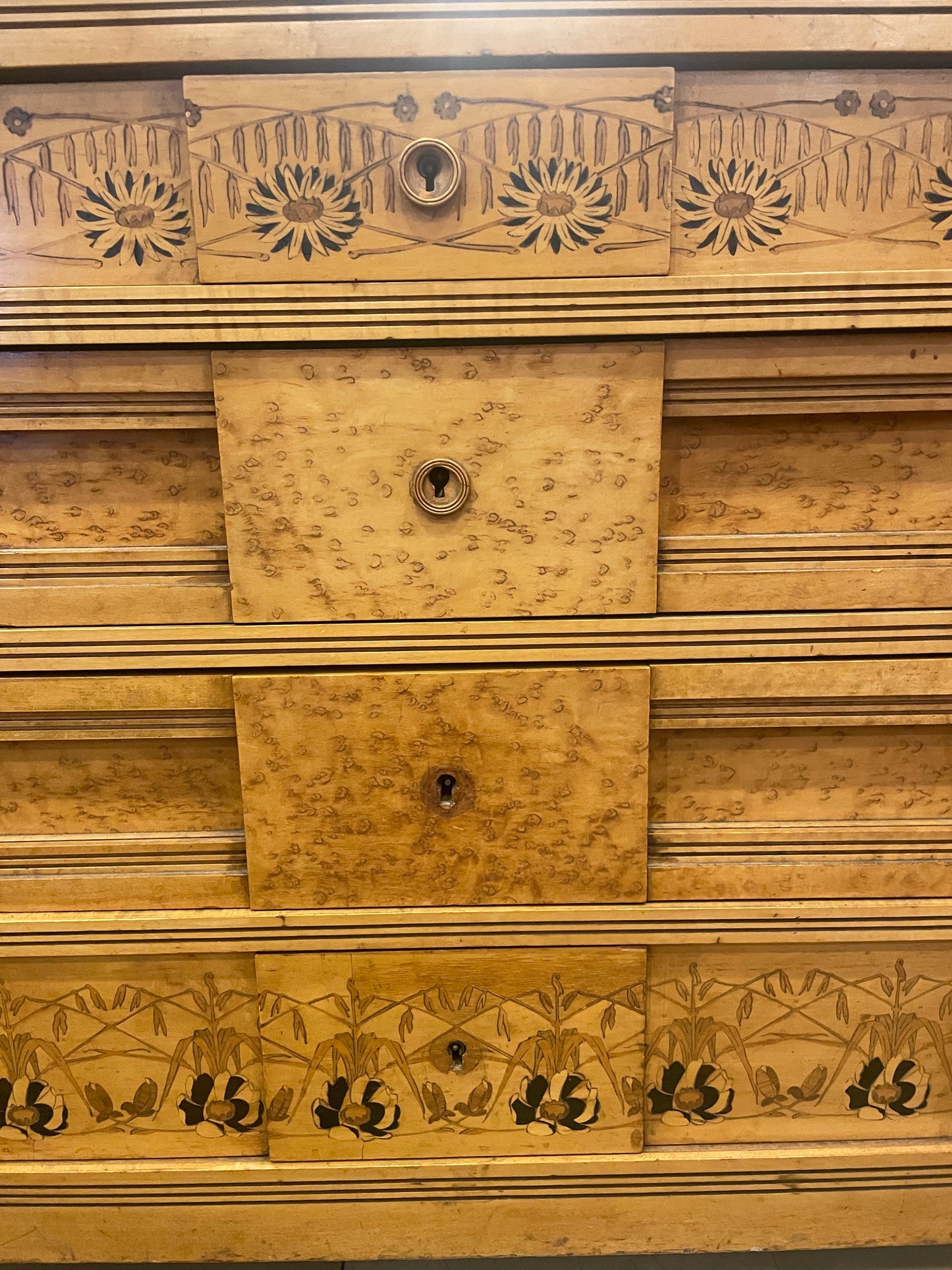 Continental 19th Century Birdseye maple with marquetry Dresser and Mirror, AS IS (0H8002)