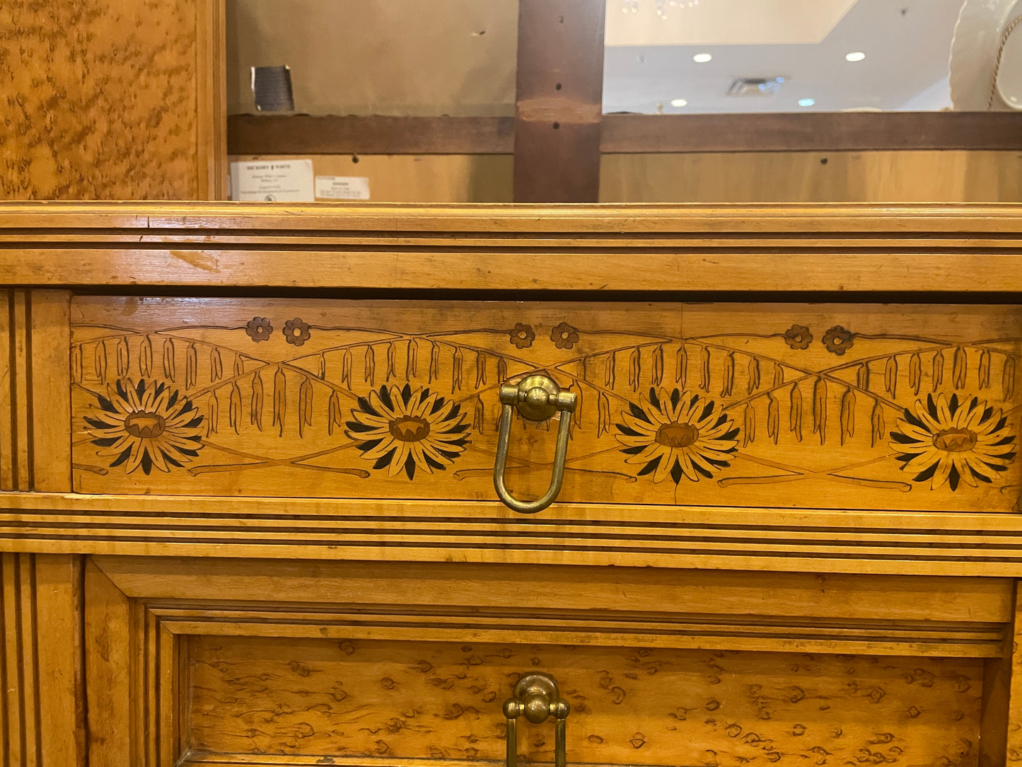 Continental 19th Century Birdseye maple with marquetry Dresser and Mirror, AS IS (0H8002)