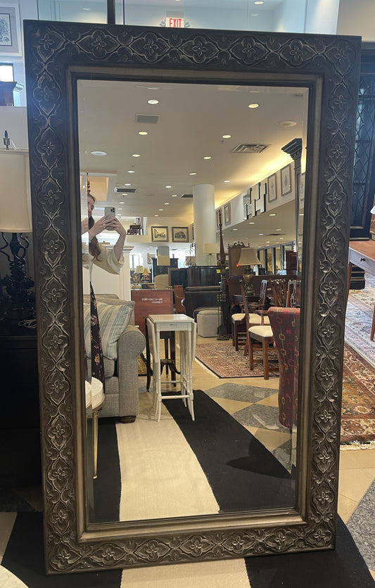 Uttermost Carved Black Frame Floor Standing Mirror with Silver Detailing