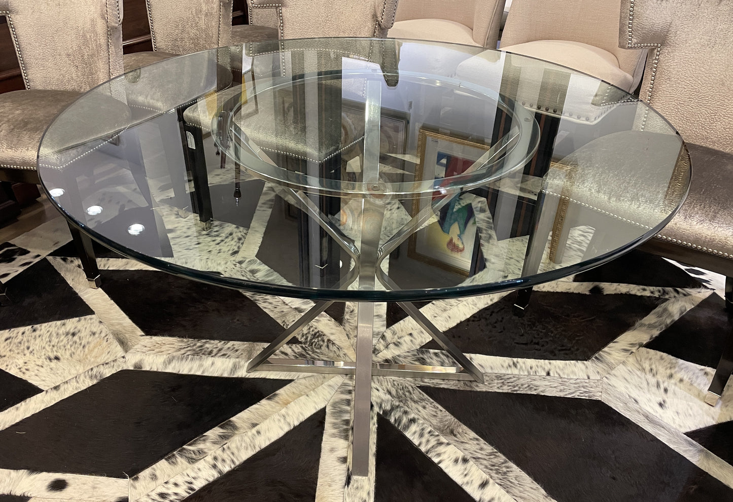 Glass and Chrome Pedestal Dining Table (0OU00B)