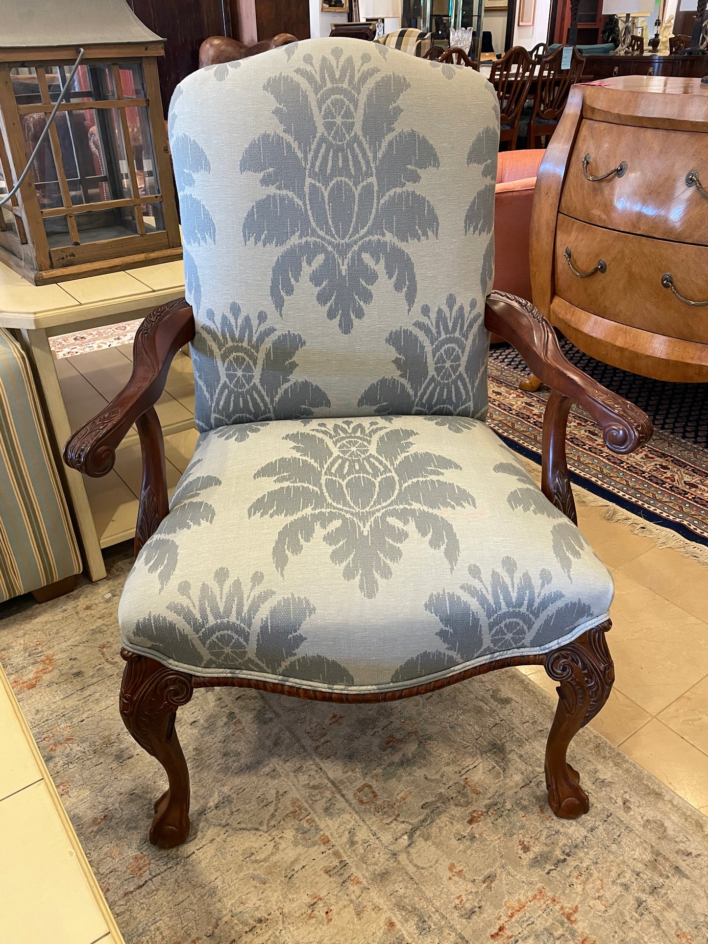 Century Louis Style Blue Damask Armchair