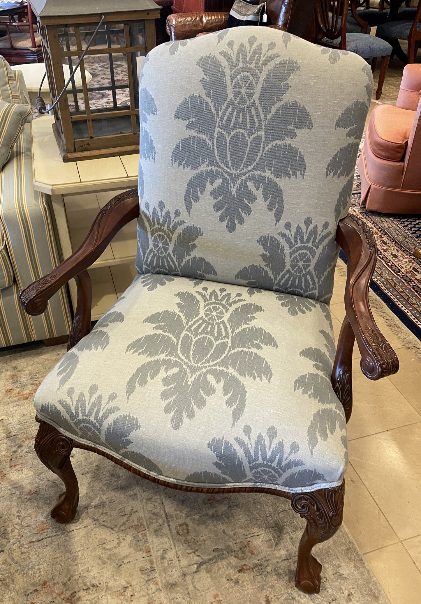 Century Louis Style Blue Damask Armchair