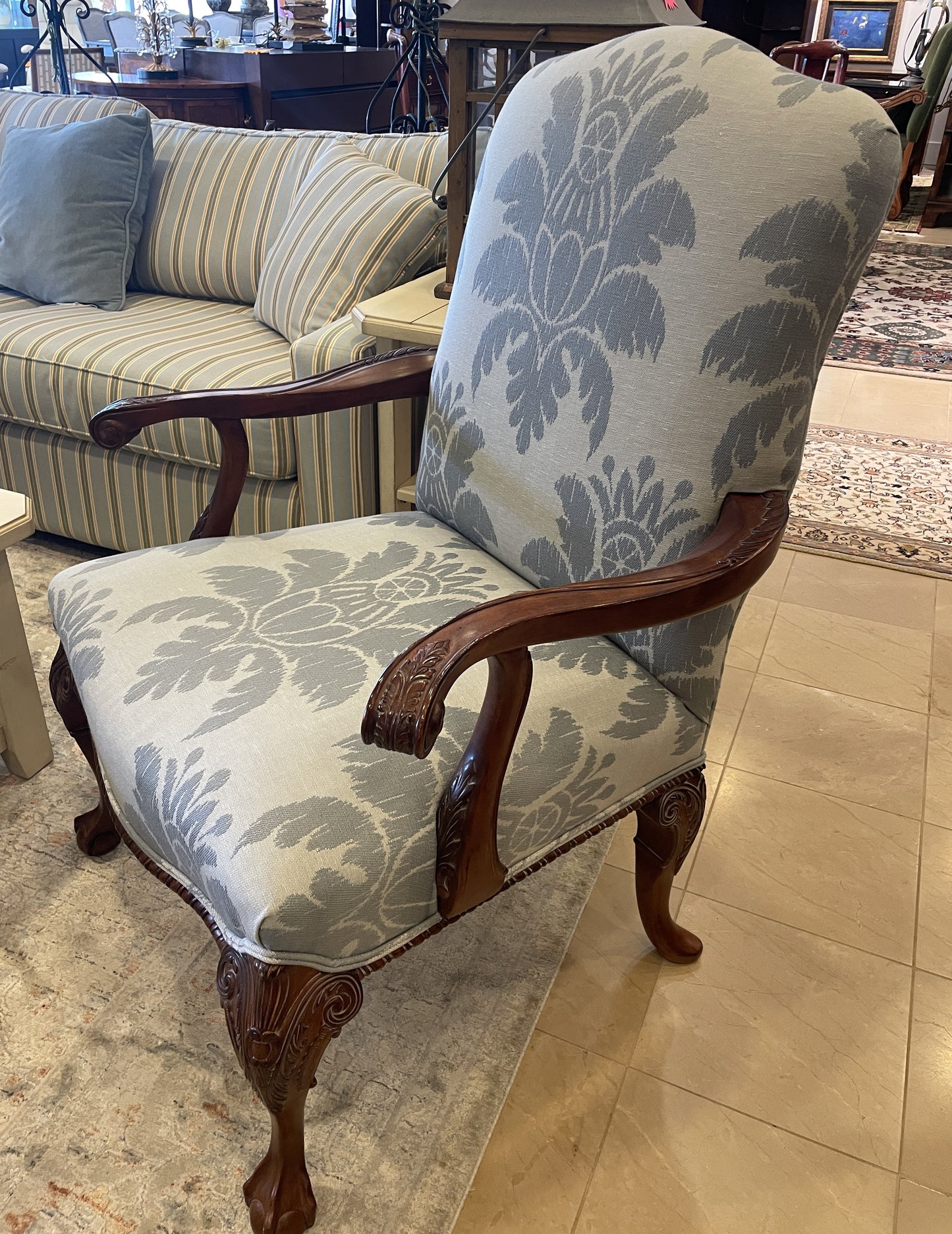 Century Louis Style Blue Damask Armchair