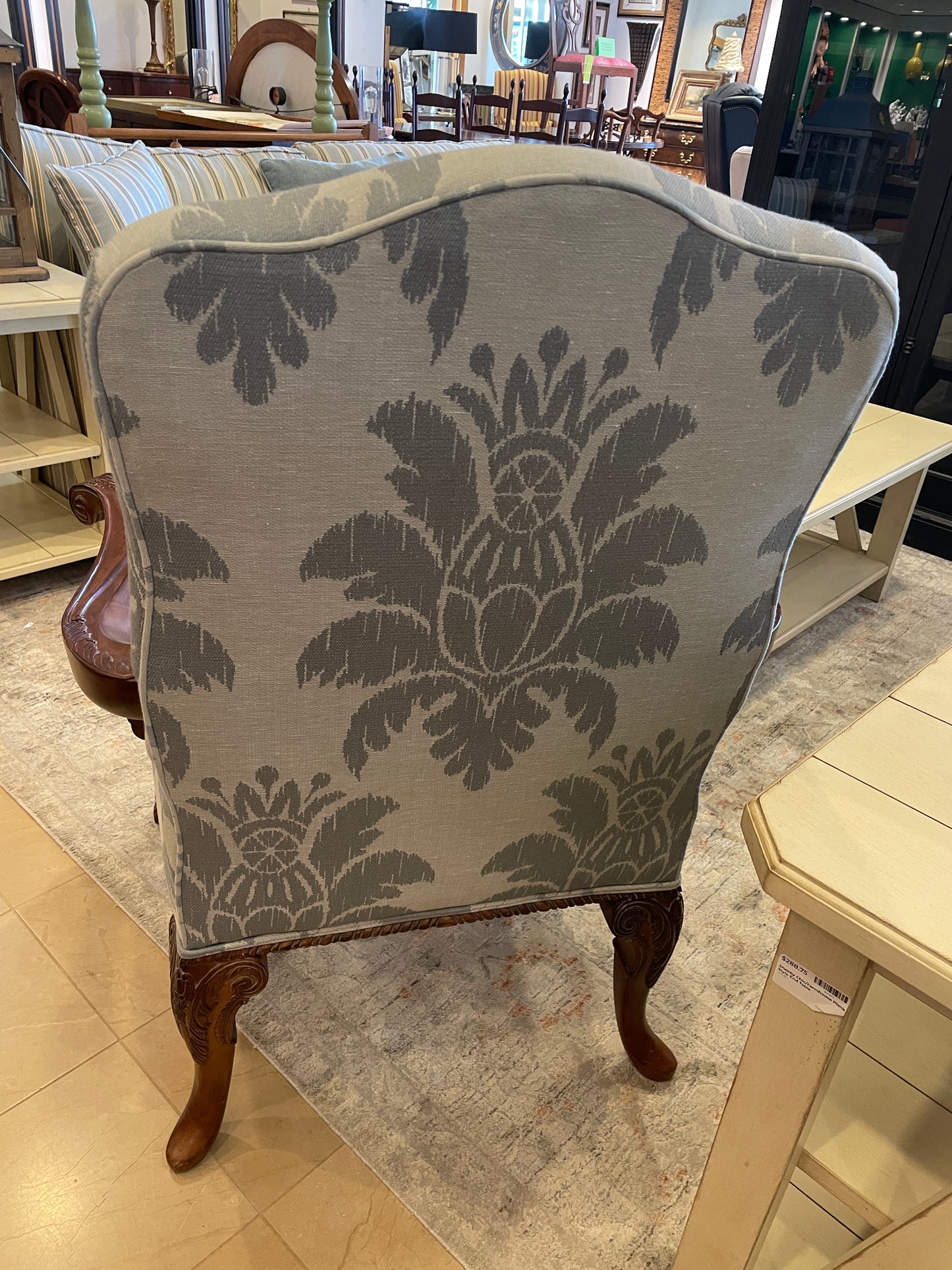 Century Louis Style Blue Damask Armchair