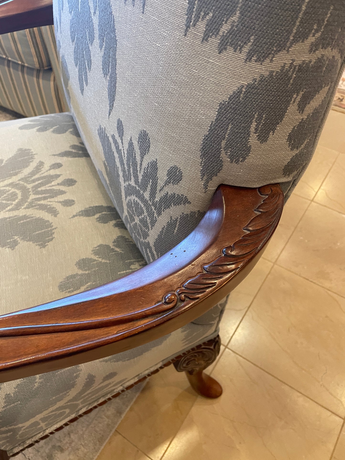 Century Louis Style Blue Damask Armchair