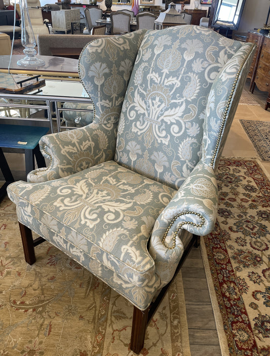 Blue and Taupe Oversized Wing Chair with Nailhead Accents