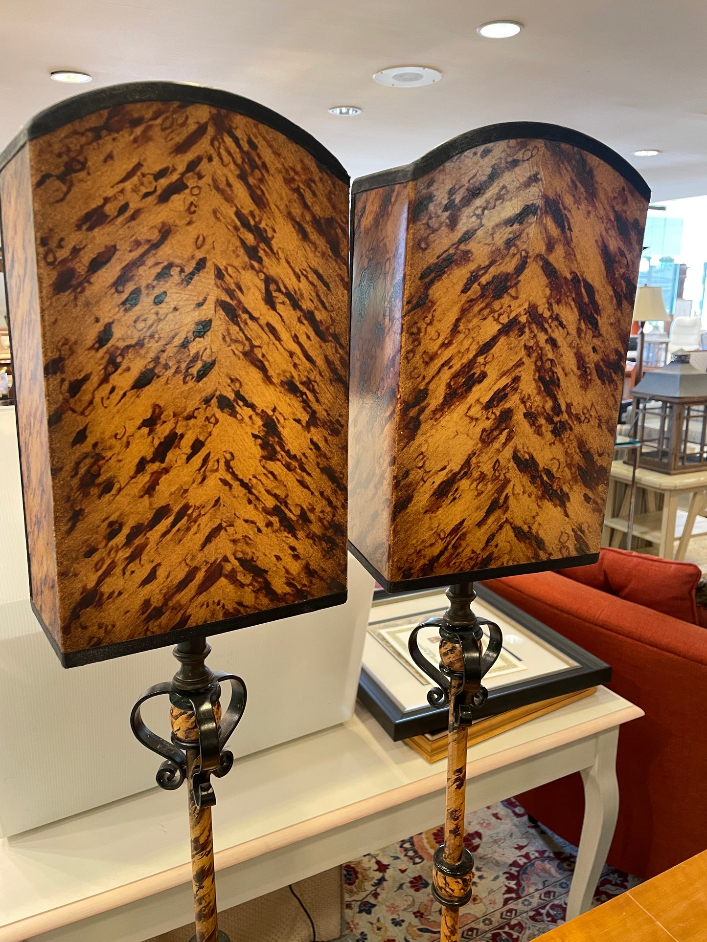 Pr Buffet Lamps with Mottled Reflector Shades