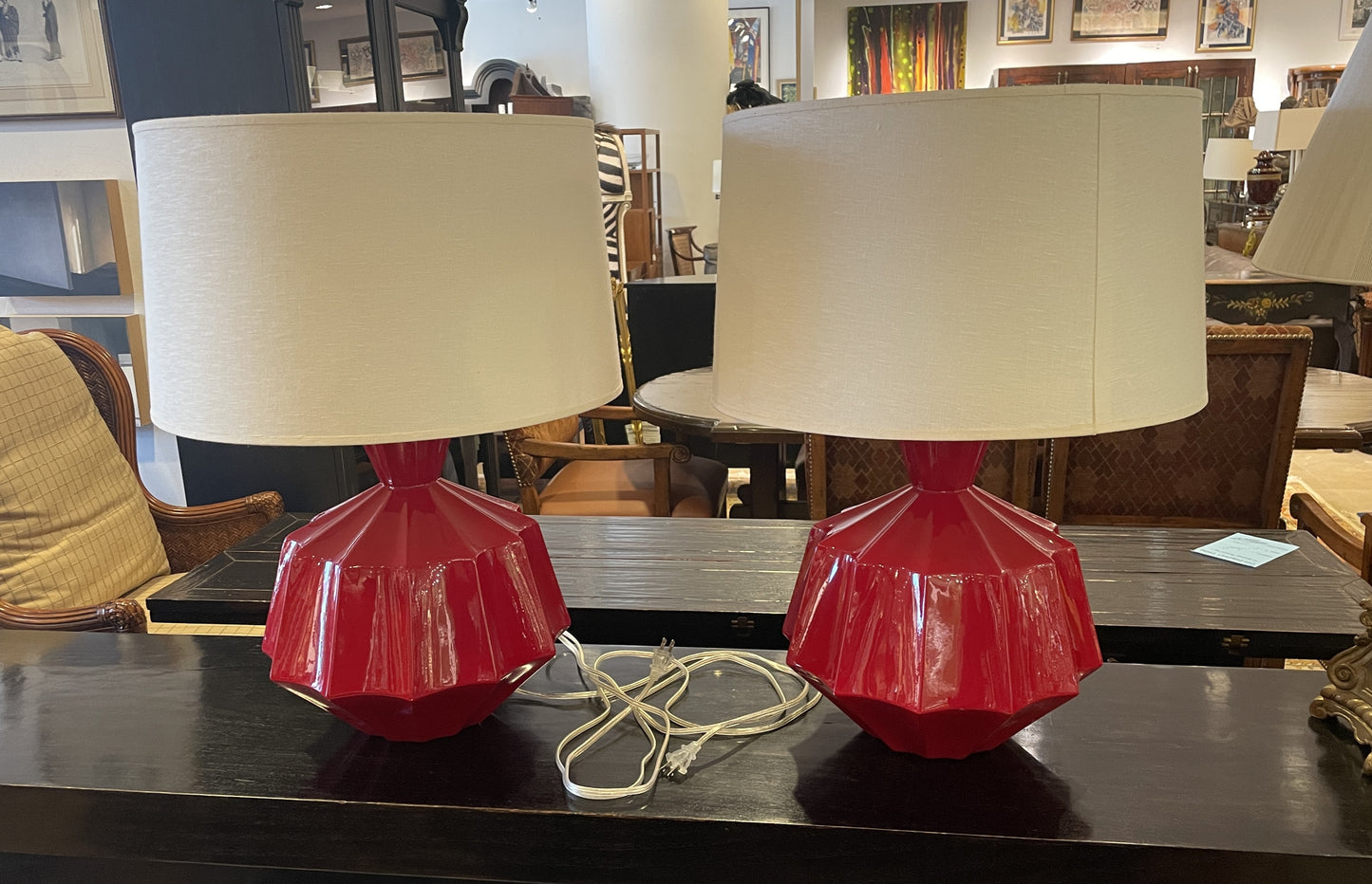 Robert Abbey Orion Lamps in Red, a Pair (0HM001)
