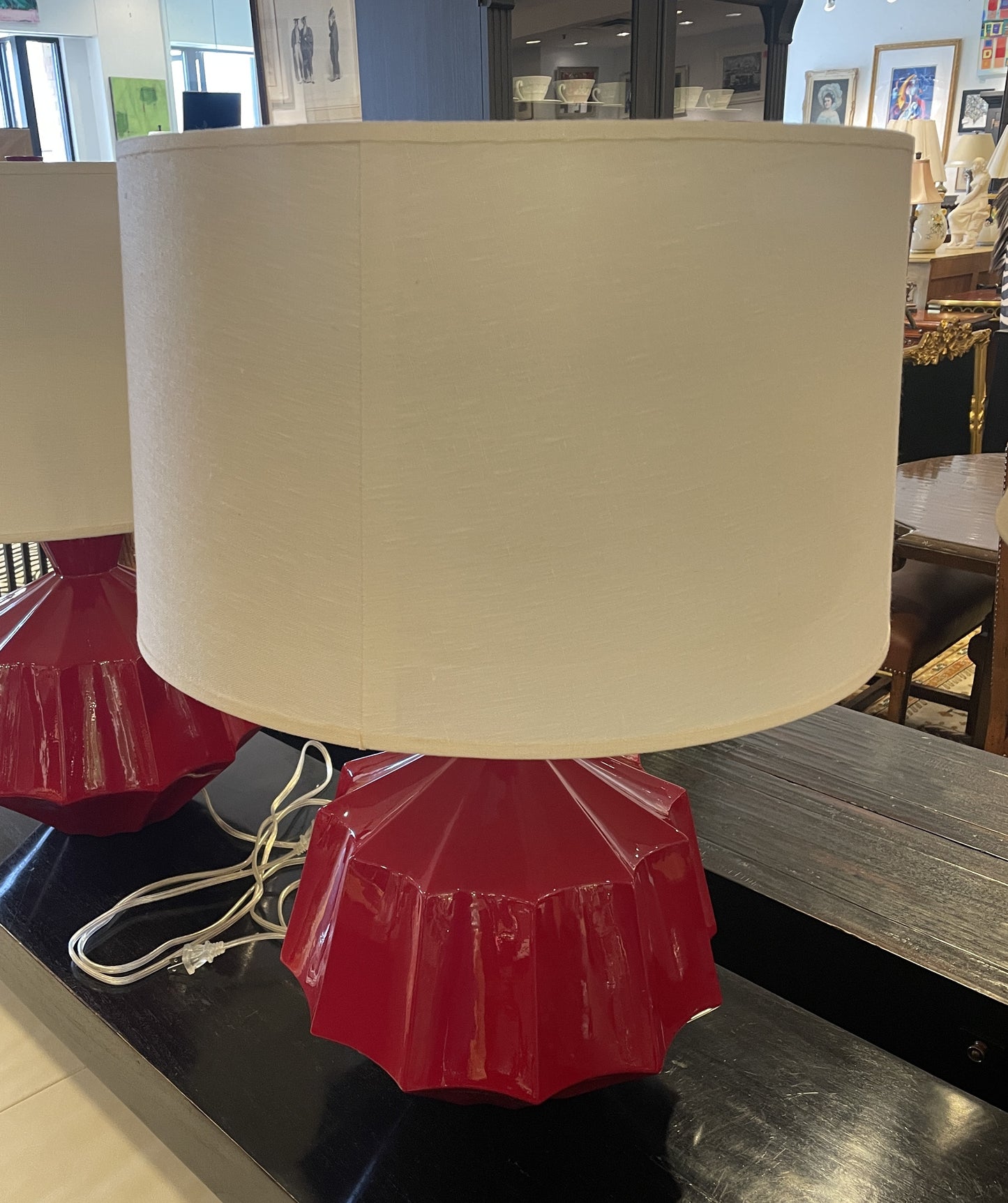 Robert Abbey Orion Lamps in Red, a Pair (0HM001)
