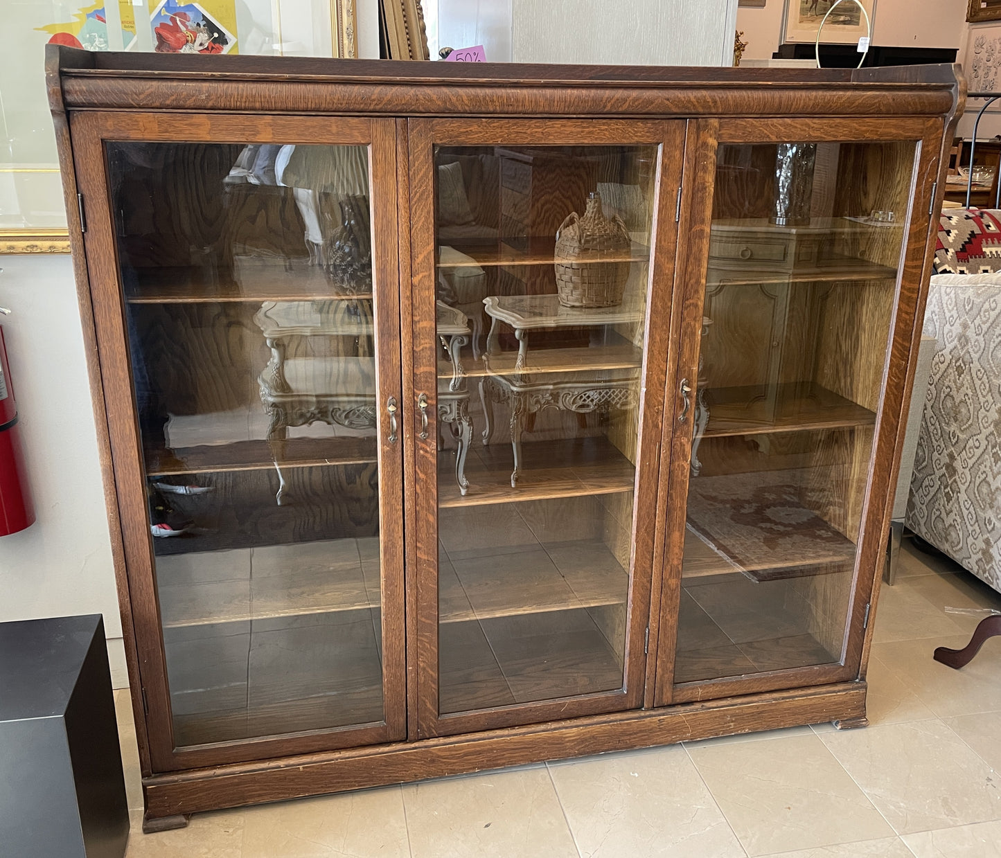 Antique Oak Three Door Bookcase, AS IS (0OW002)