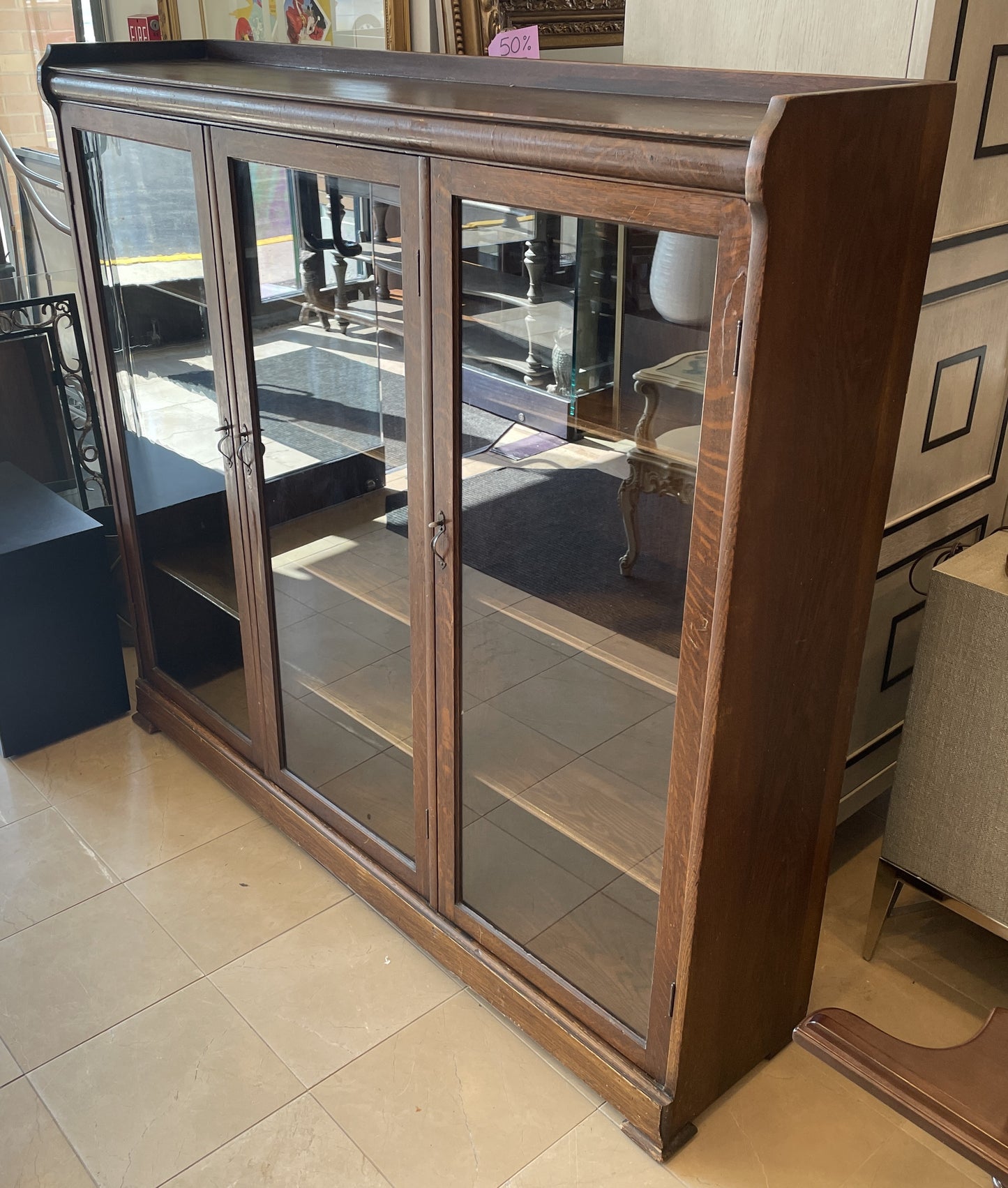 Antique Oak Three Door Bookcase, AS IS (0OW002)