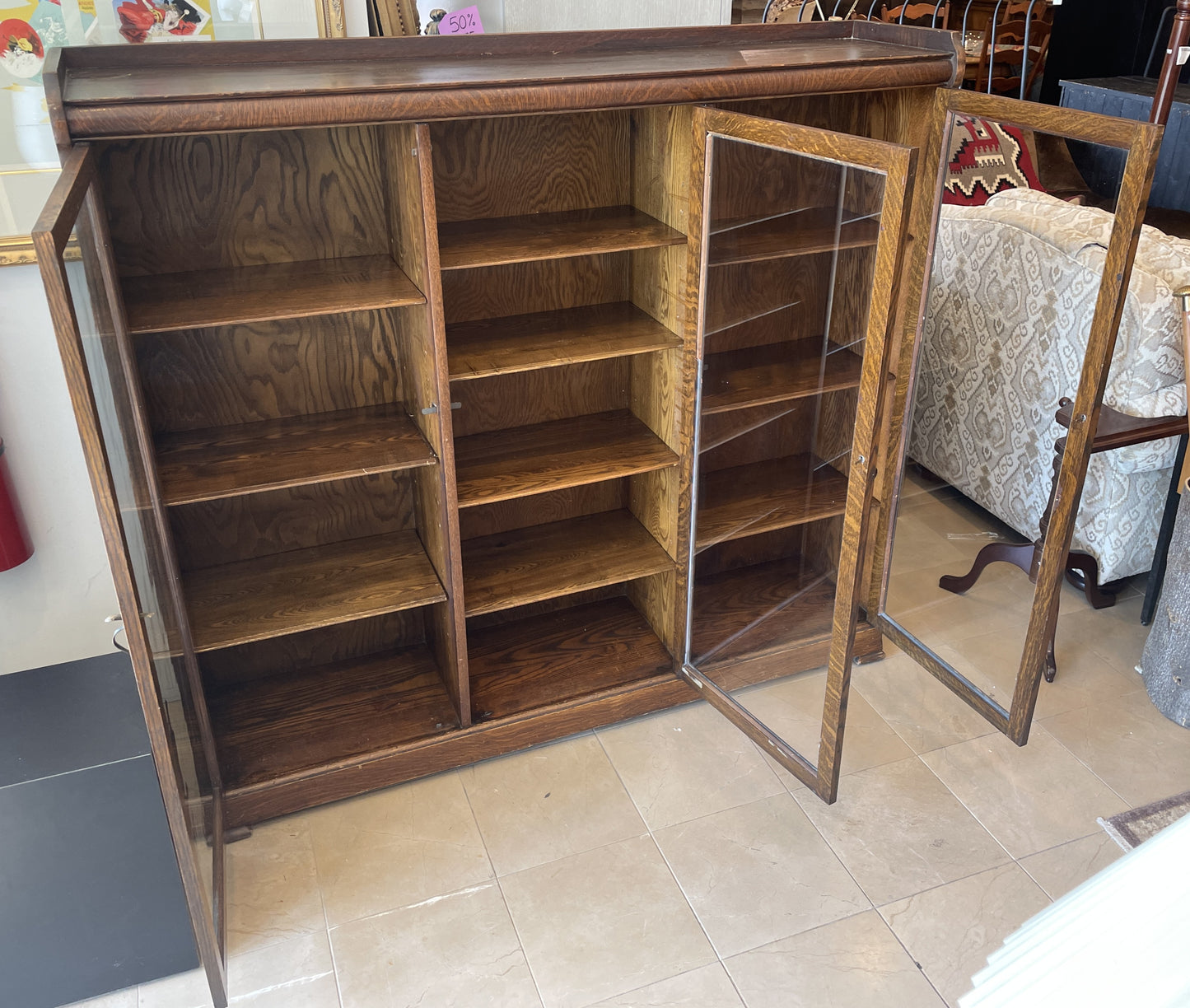 Antique Oak Three Door Bookcase, AS IS (0OW002)
