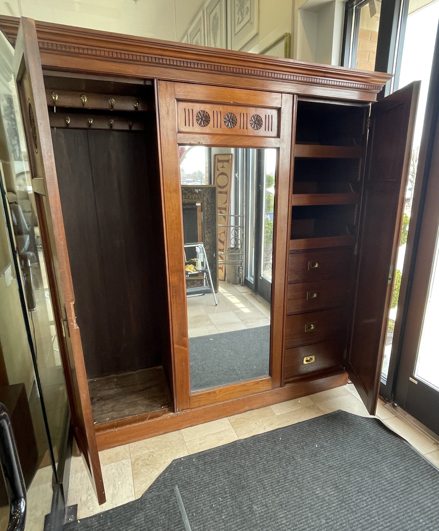 Antique Compactum Wardrobe with Center Mirror, AS IS (0LC003)