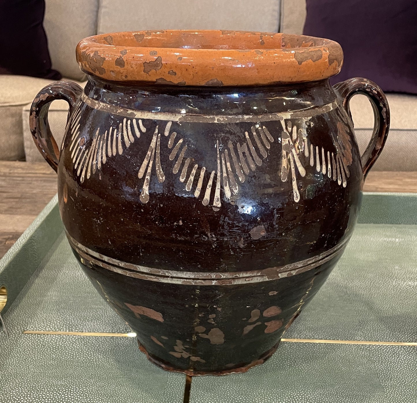 Antique Confit Jar,  Brown Glaze with Double Handles (0HP00M)