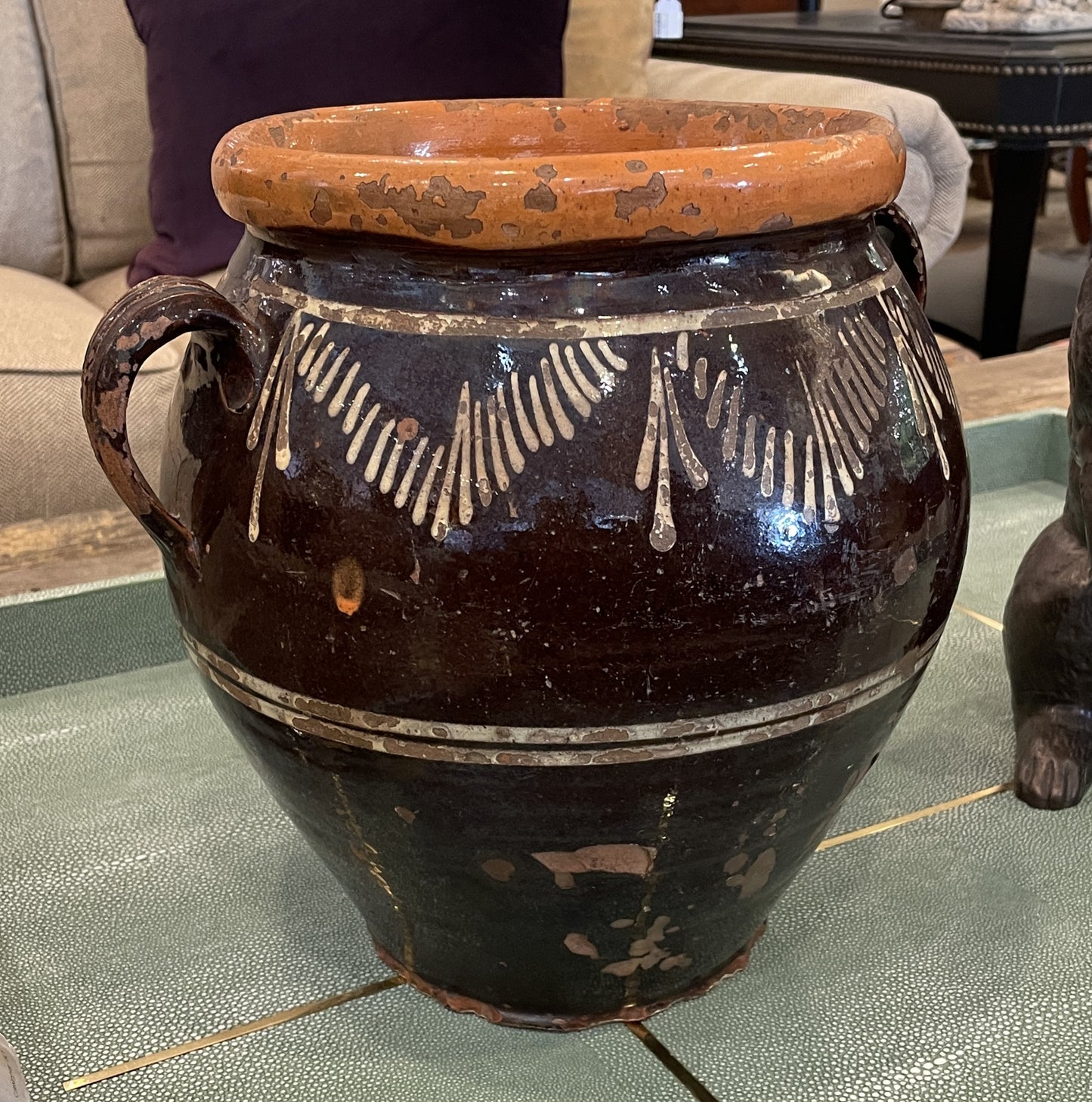 Antique Confit Jar,  Brown Glaze with Double Handles (0HP00M)