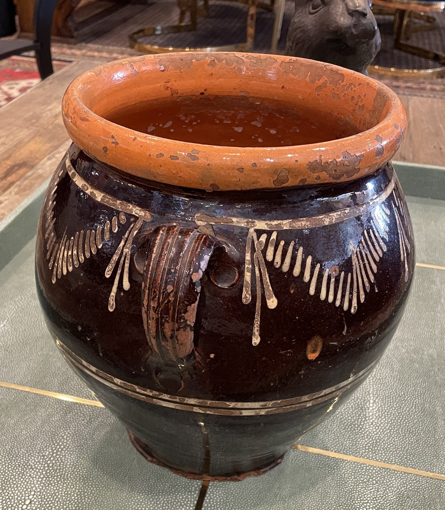 Antique Confit Jar,  Brown Glaze with Double Handles (0HP00M)